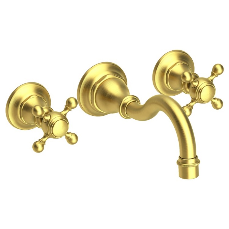 Lavatory Faucet Victoria Wall Mount 8 Inch Spread 2 Cross ADA Watersense Satin Brass PVD 1.2 Gallons Per Minute Brass Less Drain Spout Reach 8-1/6 Inch