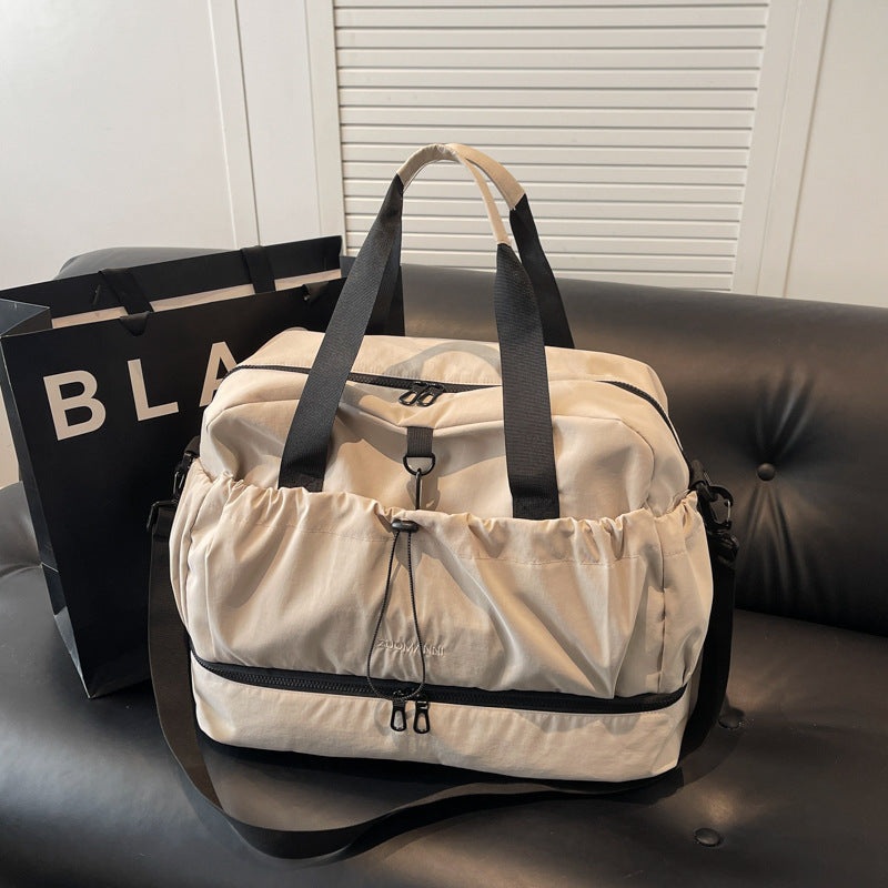 Beige and Black Large Capacity Travel Bag with Wet/Dry Separation – Canvas + Polyester, Lightweight Handbag for Short Trips and Fitness, Fits on Luggage