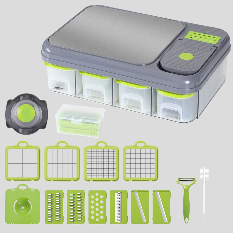 Green And Grey Ultimate 12-in-1 Multi-Functional Vegetable Slicer Dicer Chopper – Mandoline with Storage Containers & Drain Basket
