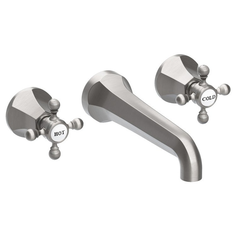 Lavatory Faucet Metropole Wall Mount 8 Inch Spread 2 Cross ADA WaterSense Stainless Steel PVD 1.2 Gallons Per Minute Brass Less Drain Spout Reach 7-1/2 Inch