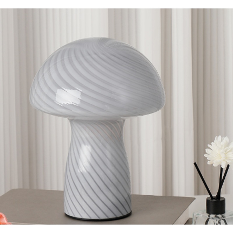 Stripe-Pure Grey-white Retro Swirl Glass Mushroom Table Lamp – LED Bedside Night Light