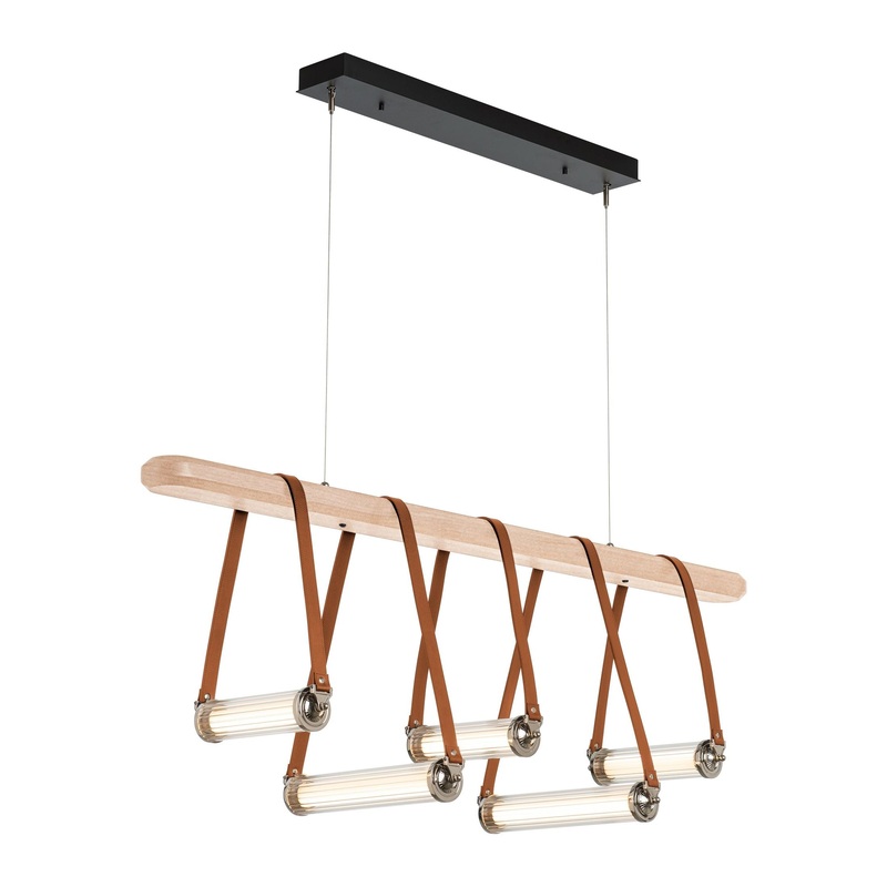 York Linear 5-Light LED Pendant Black Polished Nickel with Chestnut Leather Maple Wood