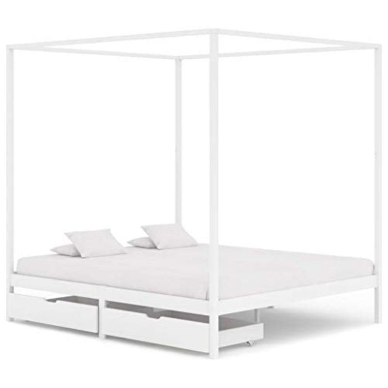 BIGTO – Struttura letto a baldacchino con 2 cassetti in legno di pino massello, mobili per camera da letto, 180 x 200 cm, colore: Bianco