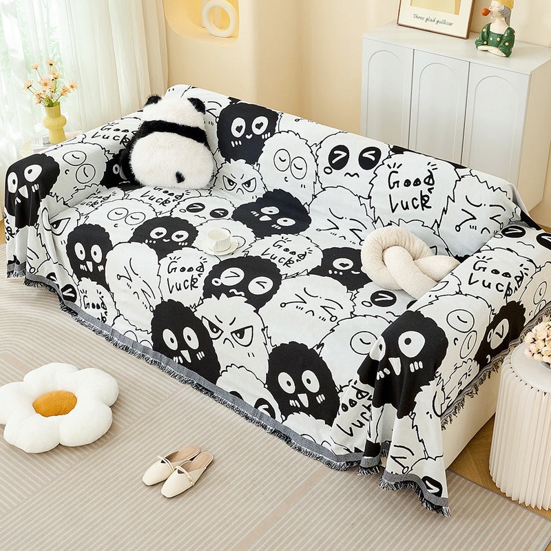 Black and white Ball Pattern Soft Waffle Weave Throw Blanket – Boho Style Cotton Blend Sofa Cover with Fringe 180x180cm