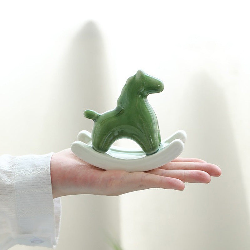 Green Modern Ceramic Rocking Horse Ornament – Cute Porcelain Figurine for Desk & Shelf Decor