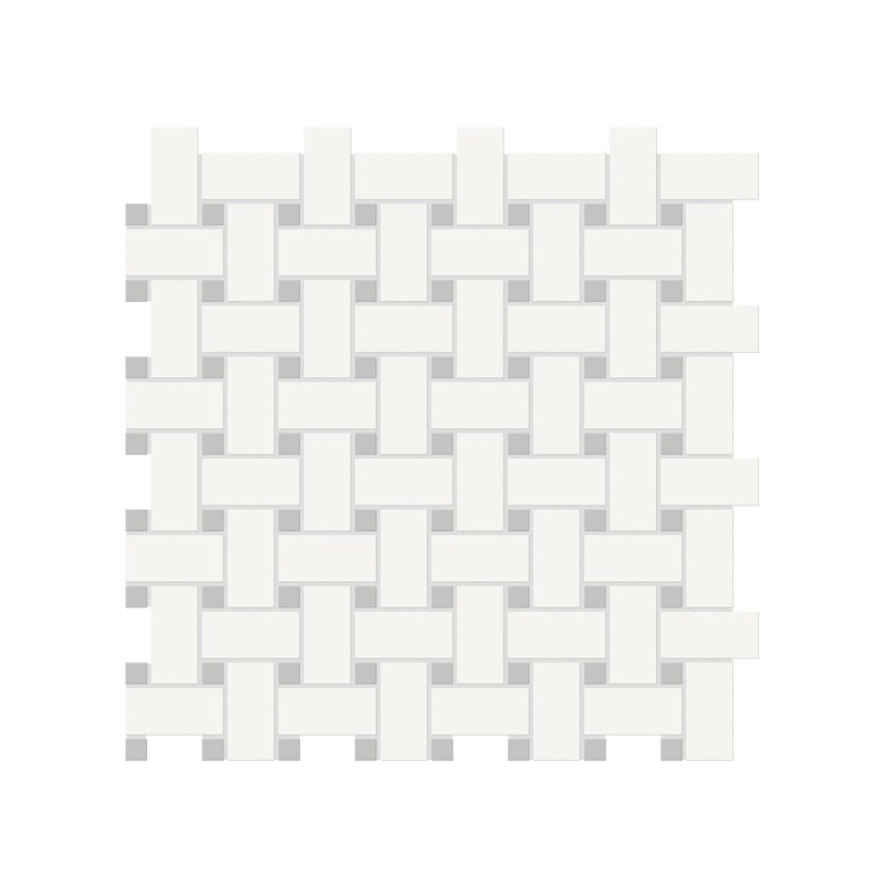 Soho Canvas White Matte Porcelain Basketweave Mosaic With Loft Grey Dot. 1 Sheet = .96 Sq. Ft.