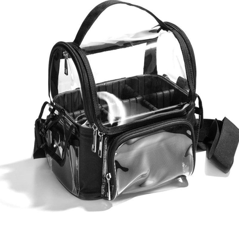 Black Professional Clear Makeup Case – Portable PVC Cosmetic Organizer with Adjustable Dividers & Shoulder Strap