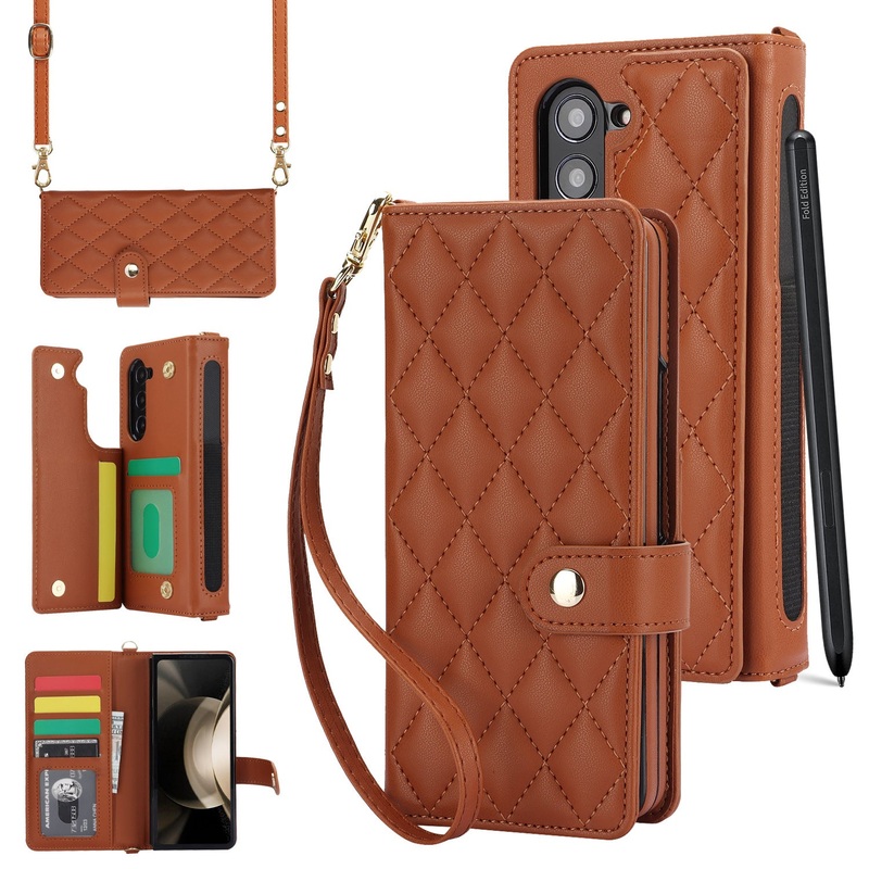 Brown Galaxy Z Fold6 Multi-Functional Leather Wallet Case for Samsung Z Fold Series – Crossbody with Pen Slot, Quilted Design Pen Not Included