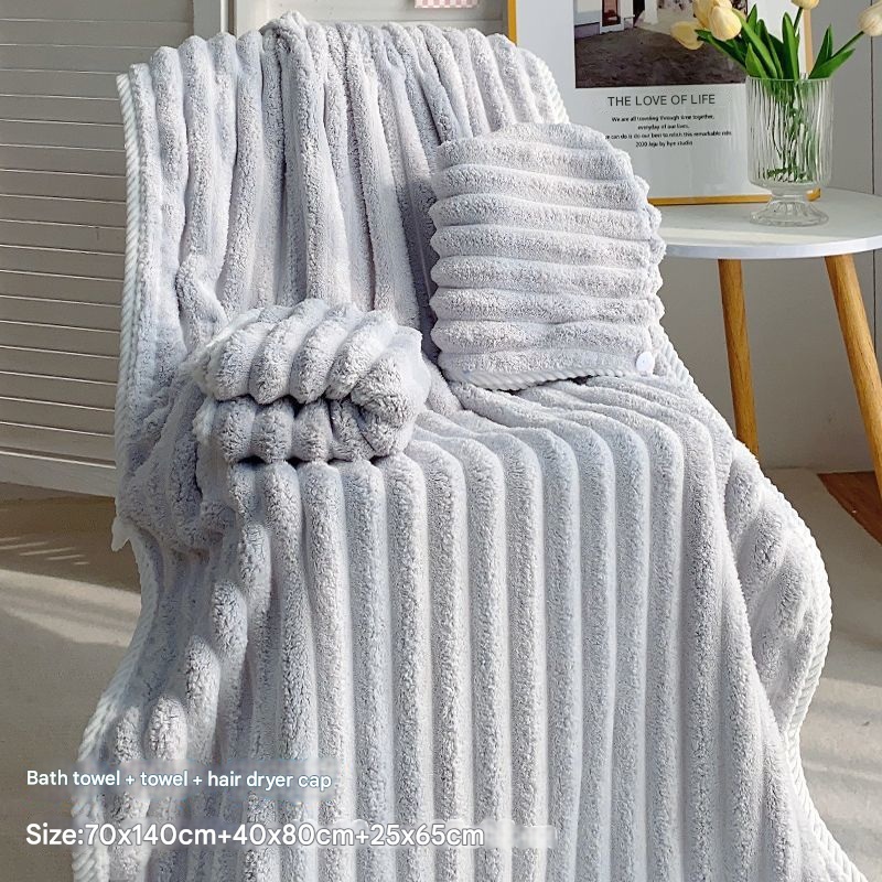 Grey Plush Ribbed Coral Fleece 3-Piece Towel Set – Ultra Soft & Absorbent Bath, Hand Towel and Hair Wrap