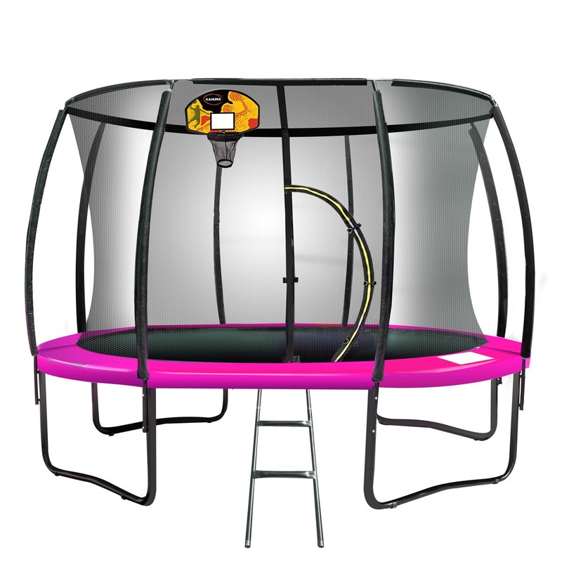 Kahuna 8ft Outdoor Trampoline Kids Children With Safety Enclosure Mat Pad Net Ladder Basketball Hoop Set – Pink