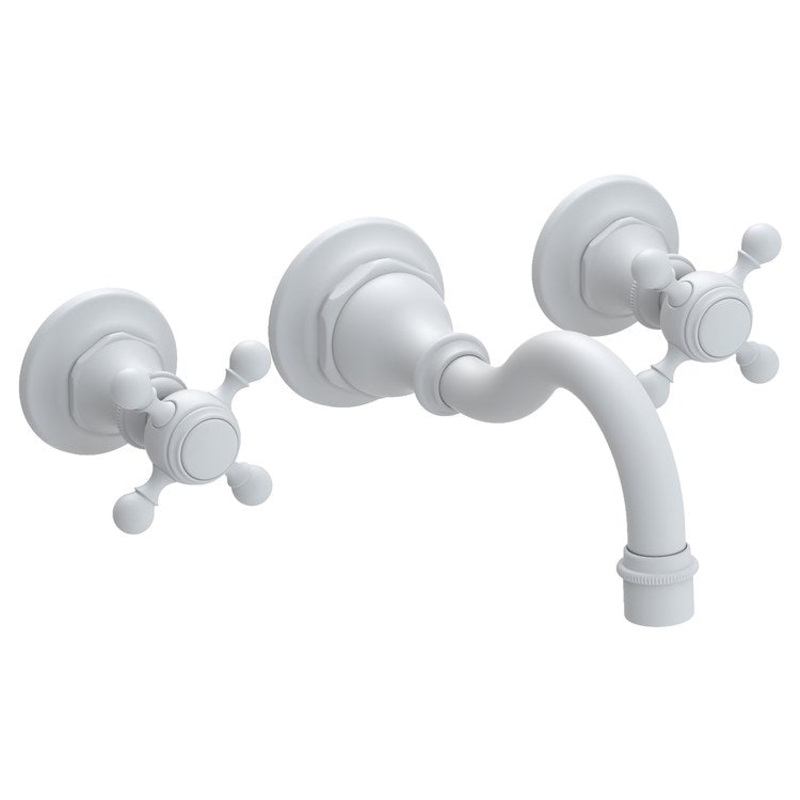 Lavatory Faucet Victoria Wall Mount 8 Inch Spread 2 Cross ADA Watersense Matte White 1.2 Gallons Per Minute Brass Less Drain Spout Reach 8-1/6 Inch