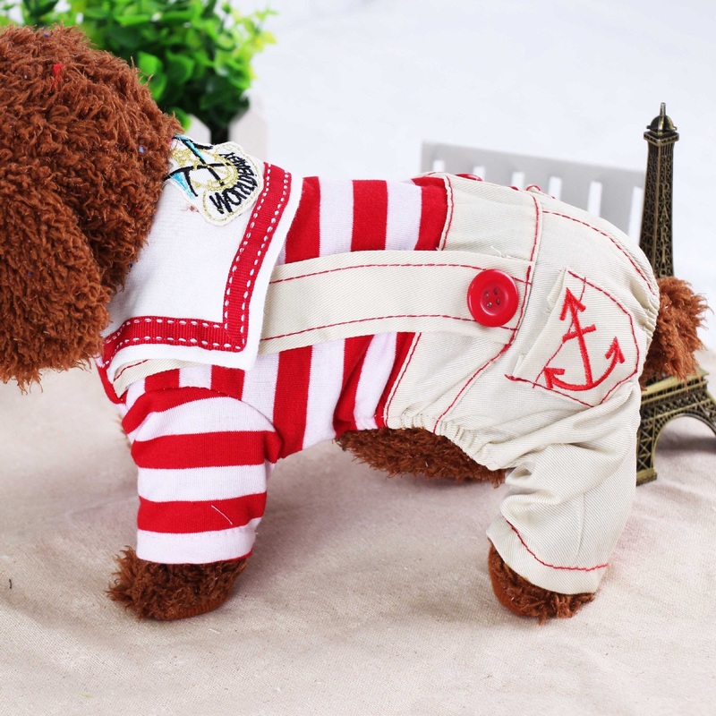 Red Cute Sailor Dog Outfit – Striped Shirt & Anchor Overalls for Small Dogs (Size : XL )