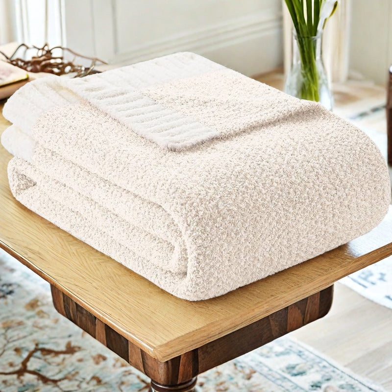 Beige and White Plush Chenille-Knit Throw Blanket – Soft Cozy Polyester for Bed & Sofa | Textured Two-Tone Design (127x153cm)