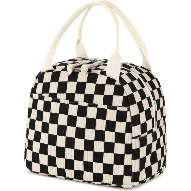Black and White Checkered Pattern Corduroy Lunch Bag – Insulated Thermal Cooler Tote for School Work and Picnics