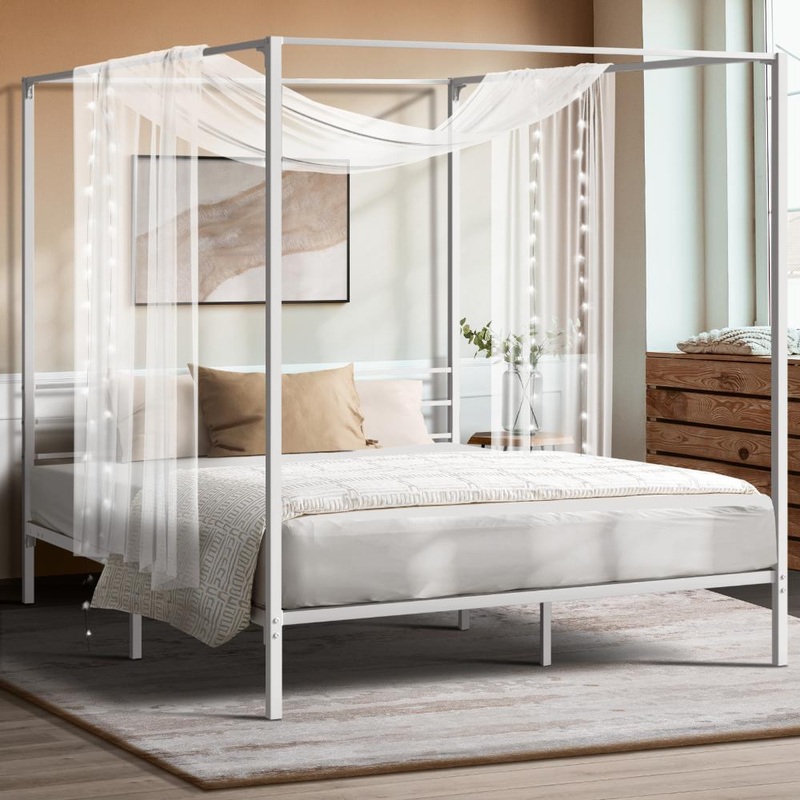 Metal Canopy Bed Frame Queen Size White