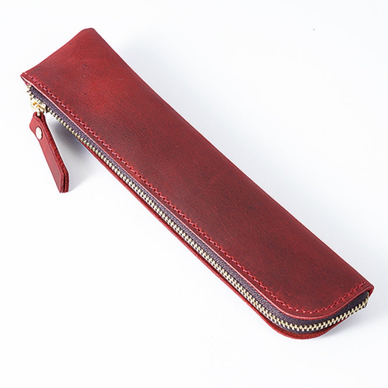 Red Vintage Crazy Horse Leather Zippered Pen Case – Retro Pencil Pouch & Small Accessories Bag