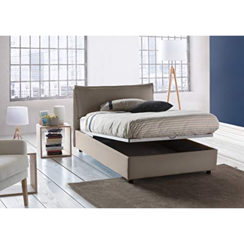 Talamo Italia Letto contenitore Una piazza e mezza Veronica, Made in Italy, Testata e rivestimento in tessuto, Apertura frontale, con materasso cm 120×190 incluso, Tortora