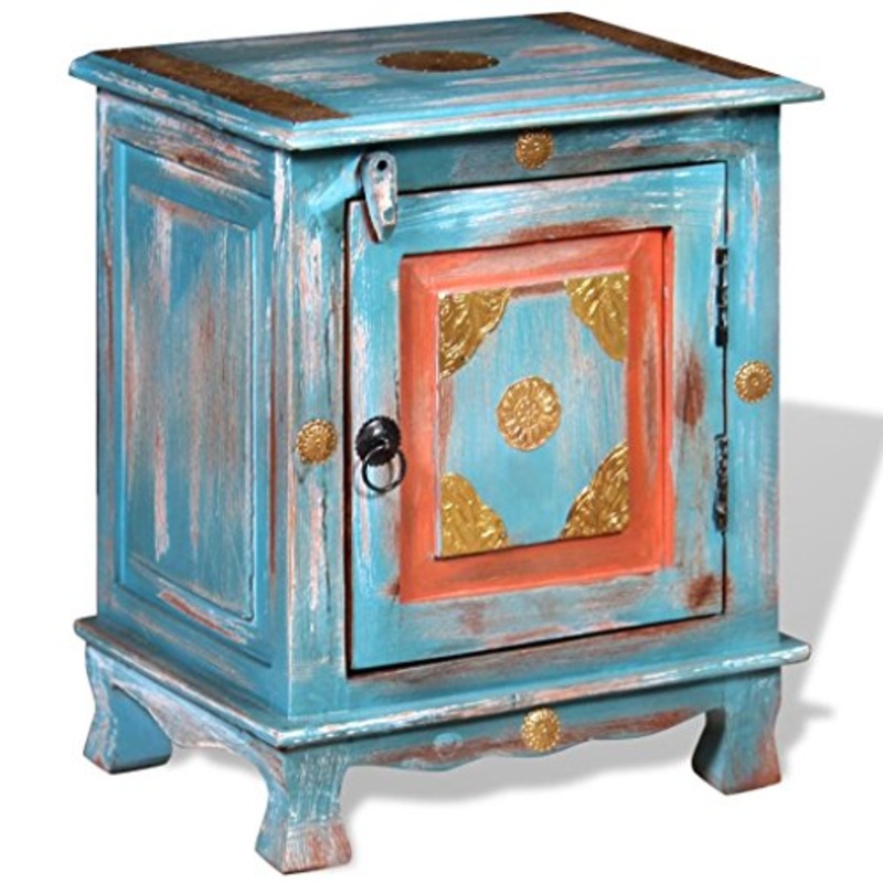 Tidyard- Comodino in Legno, Comodini Vintage Massello di Mango Blu