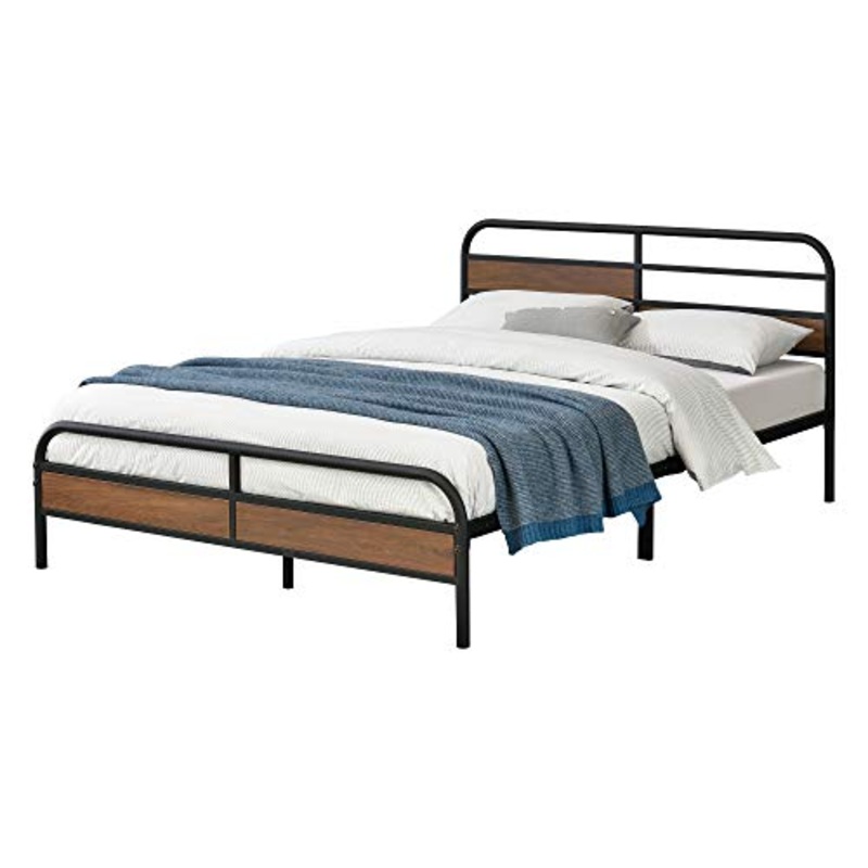 [en.casa] Struttura Letto in Metallo 140 x 200 cm Testiera e Pediera con Panelli Decorativi in Effetto Legno di Color Noce Letto Matrimoniale/Francese in Stile Moderno – Nero