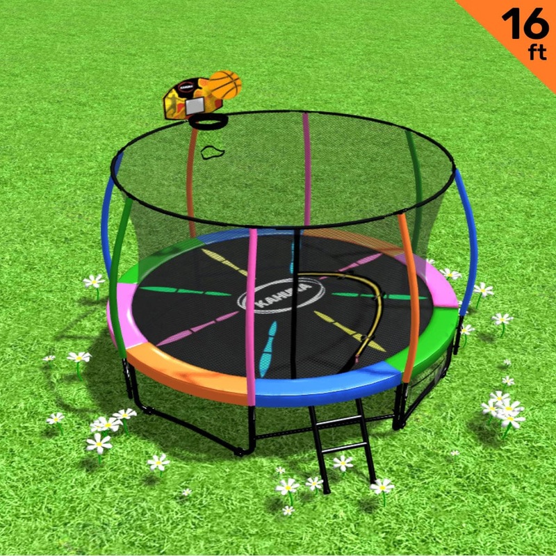 Kahuna 16ft Outdoor Trampoline Kids Children With Safety Enclosure Pad Mat Ladder Basketball Hoop Set – Rainbow
