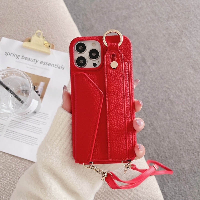 Red Chic PU Leather Crossbody Wallet Case for iPhone 16 Pro – Card Holder with Detachable Strap & Finger Ring Grip
