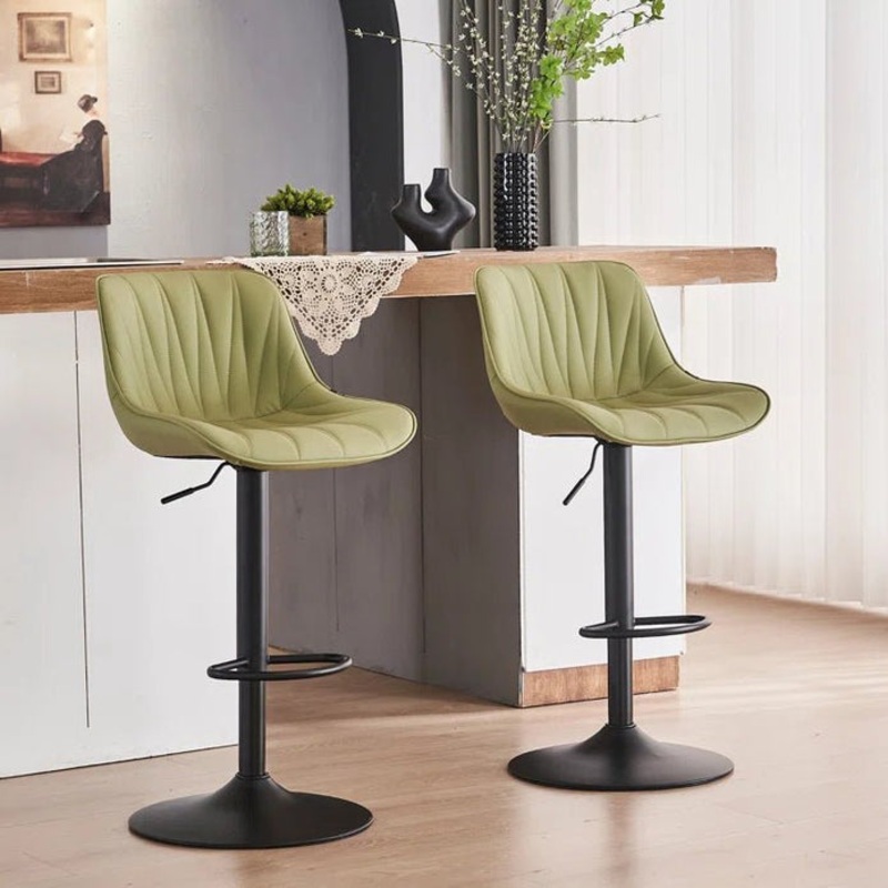 SERENIT AVO Green Modern Height Adjustable Swivel Bar Stools Upholstered Leather Barstool Kitchen Island Chairs with Metal Frame (Set of 2)