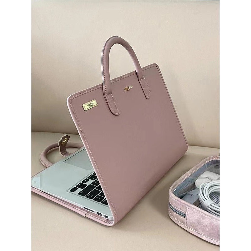 Stylish Leather Laptop Sleeve with Handle and Perforated Design – Soft Pink Color