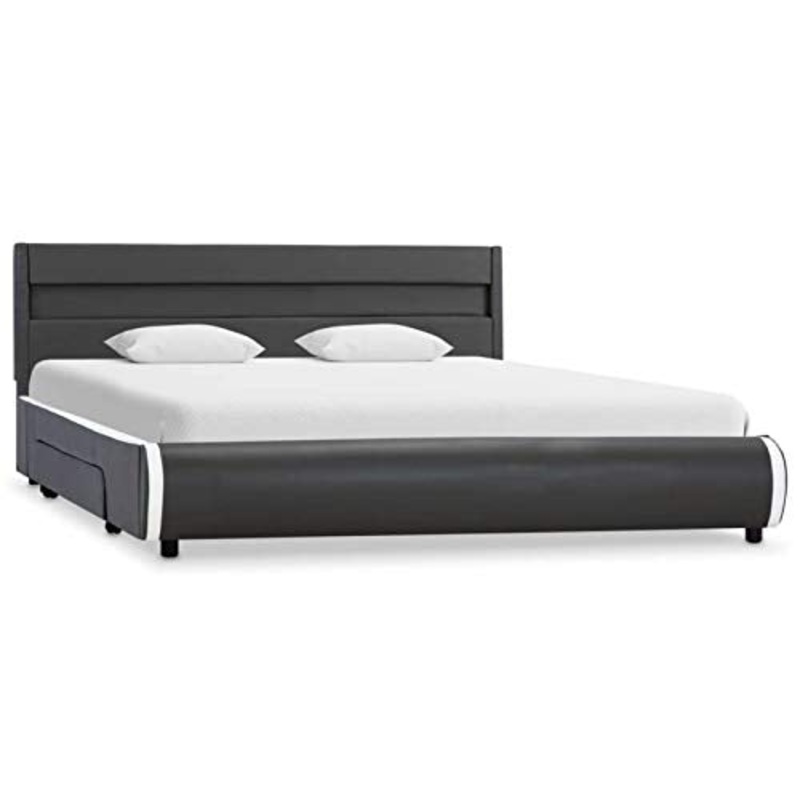 Tidyard Struttura Letto Matrimoniale Moderno con Cassetti e Luce LED in Ecopelle Antracite 140×200 cm,Giroletto Matrimoniale in Ecopelle Moderno,Letto con Cassetti 140×200