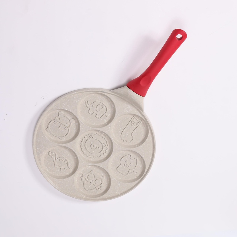 Beige Cartoon + Red Handle (Gas Model) Non-Stick Pancake Pan – 7-Hole Fun Shapes Breakfast Griddle (27cm)