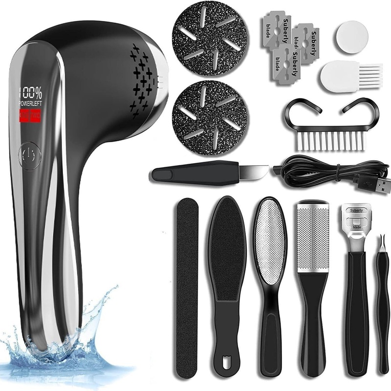 Black Rechargeable Electric Foot Grinder with Suction – Complete 10-Piece Pedicure Kit