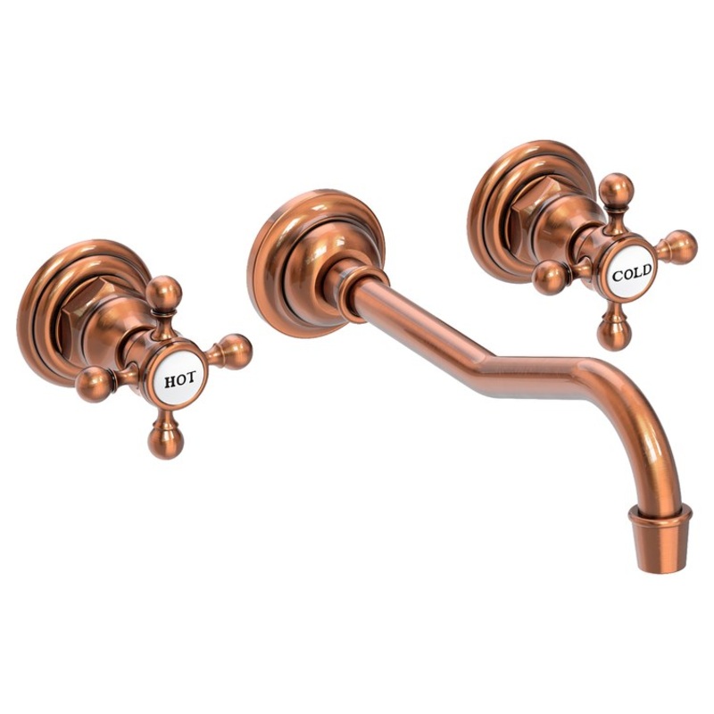Lavatory Faucet Chesterfield Wall Mount 8 Inch Spread 2 Cross ADA WaterSense Antique Copper 1.2 Gallons Per Minute Brass Less Drain Spout Reach 9-3/4 Inch