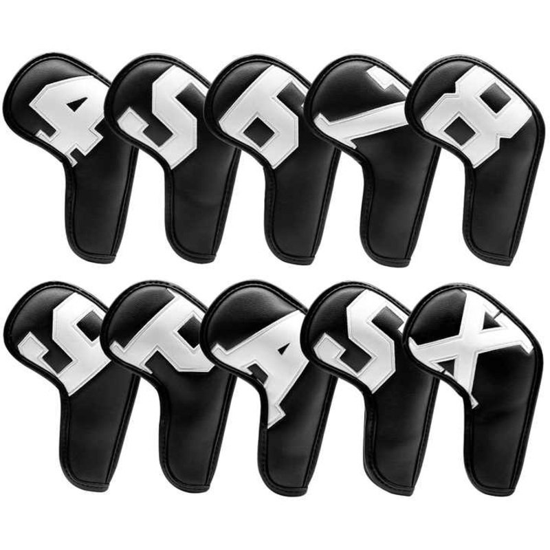 White Words On Black Background PU Leather Golf Iron Headcovers Set (10pcs) – Numbered Protective Club Covers (4-9, P, A, S, L) Universal Fit