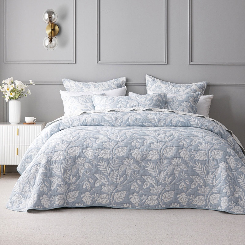 Bianca Laurieton Blue Jacquard Botanical Bedspread Set Single