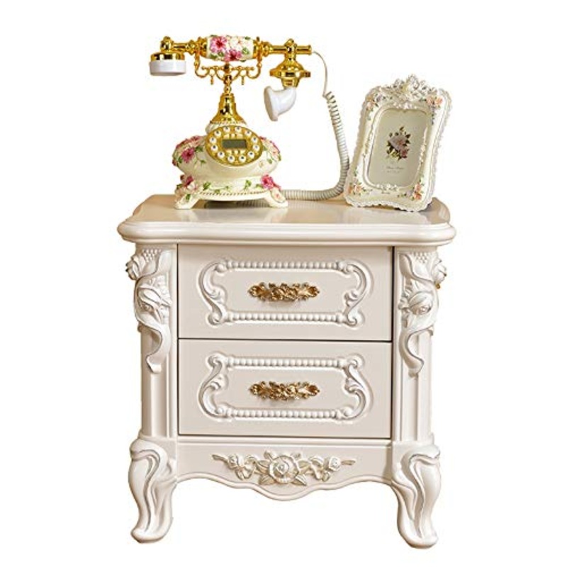 Comodino HAIZHEN Vintage di Lusso a 2 cassetti, tavolino Quadrato Intagliato a Mano, Bianco Latte, 48  33  48 cm