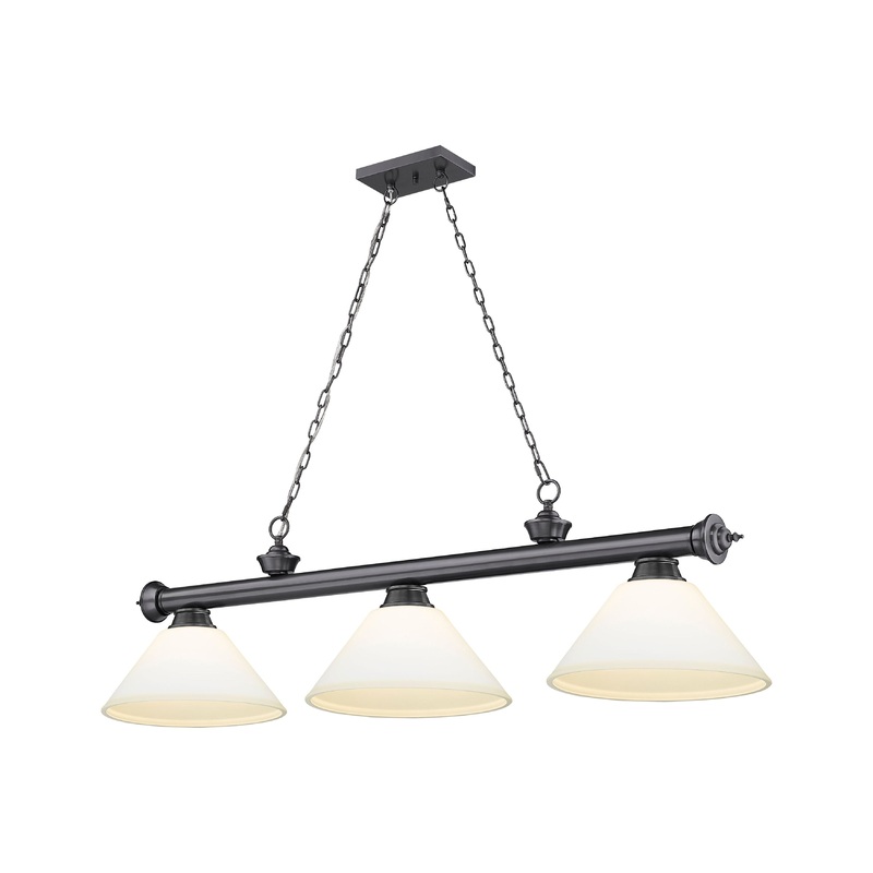 Cordon 3-Light Billiard Bronze Plate Cone Matte Opal Glass
