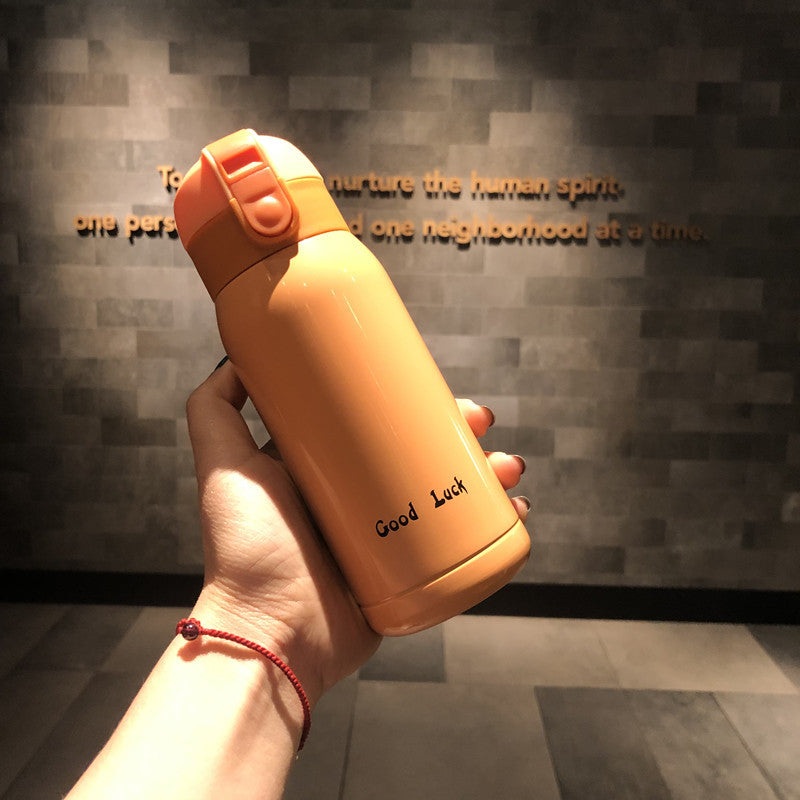 Good Luck” Mini Stainless Steel Thermos Flask – 350ml Leakproof Insulated Bottle with Pop-Up Lid & Strap(yellow)”