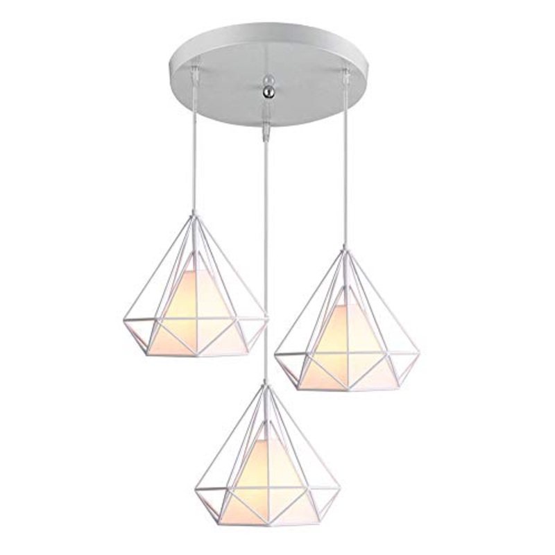 Lampadario Industriale Vintage Soffitto 3 Luci Metallo Gabbia Sospensione Lampada 25cm Stile Retro Decorativa per Cucina,Camera da letto,sala da pranzo,Colore, Bianco