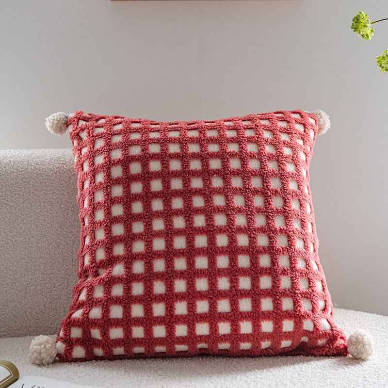 Red and Beige 3D Checkered Cushion Cover with Pom Poms – Soft Decorative Pillow Case for Sofa & Living Room (45x45cm, Cover Only)