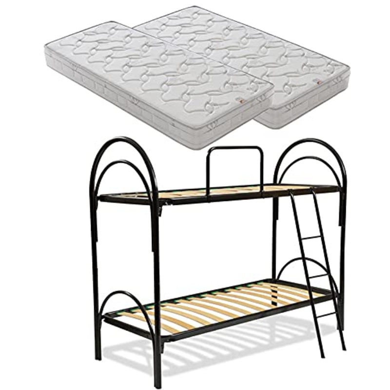SARDAMATERASSI Letto a castello nero scomponibile + 2 reti a doghe misura 80×190 + 2 materassi memory 20 cm