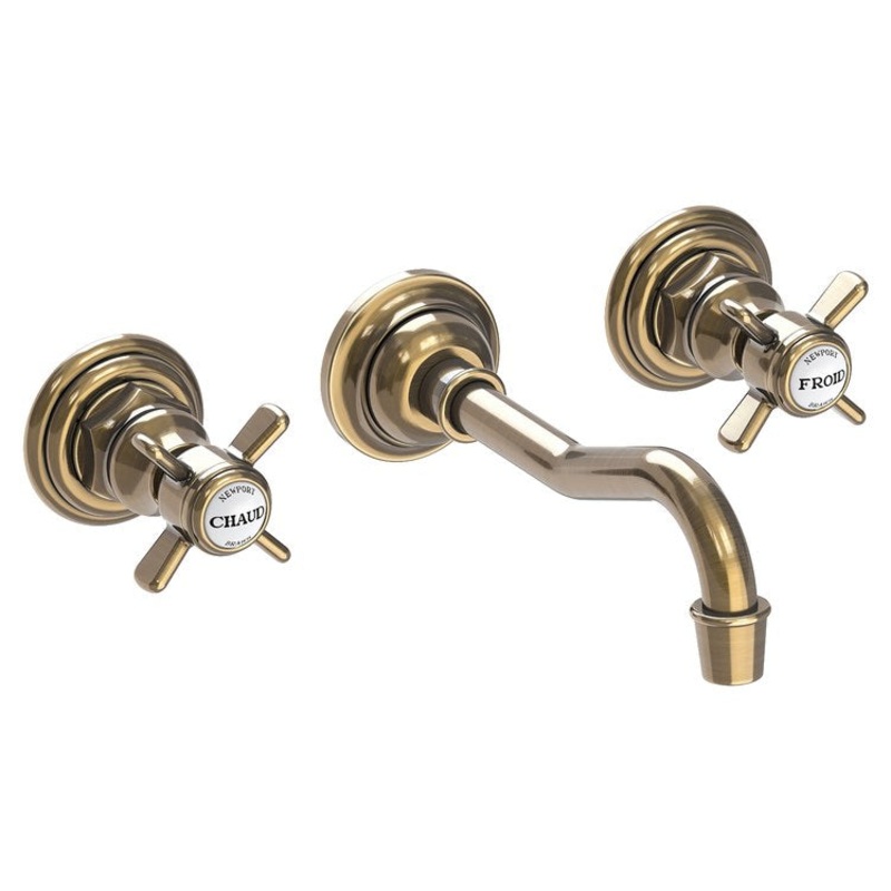 Lavatory Faucet Fairfield Wall Mount 8 Inch Spread 2 Cross ADA WaterSense Antique Brass 1.2 Gallons per Minute Less Drain 3 Hole