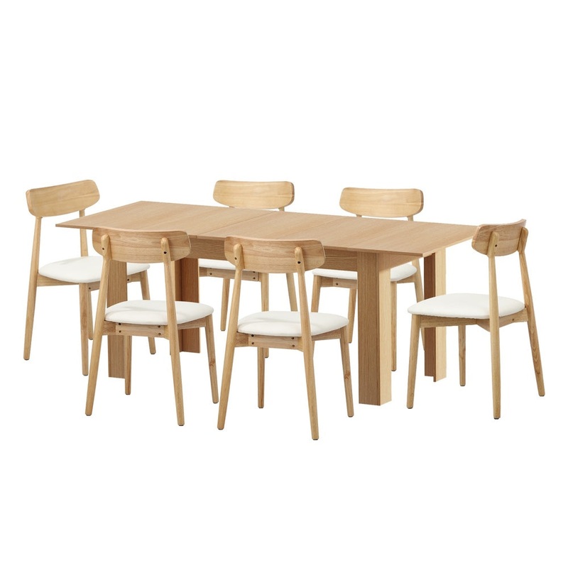 Oikiture 200cm Extendable Dining Table with 6x Dining Chairs PU Leather Natural