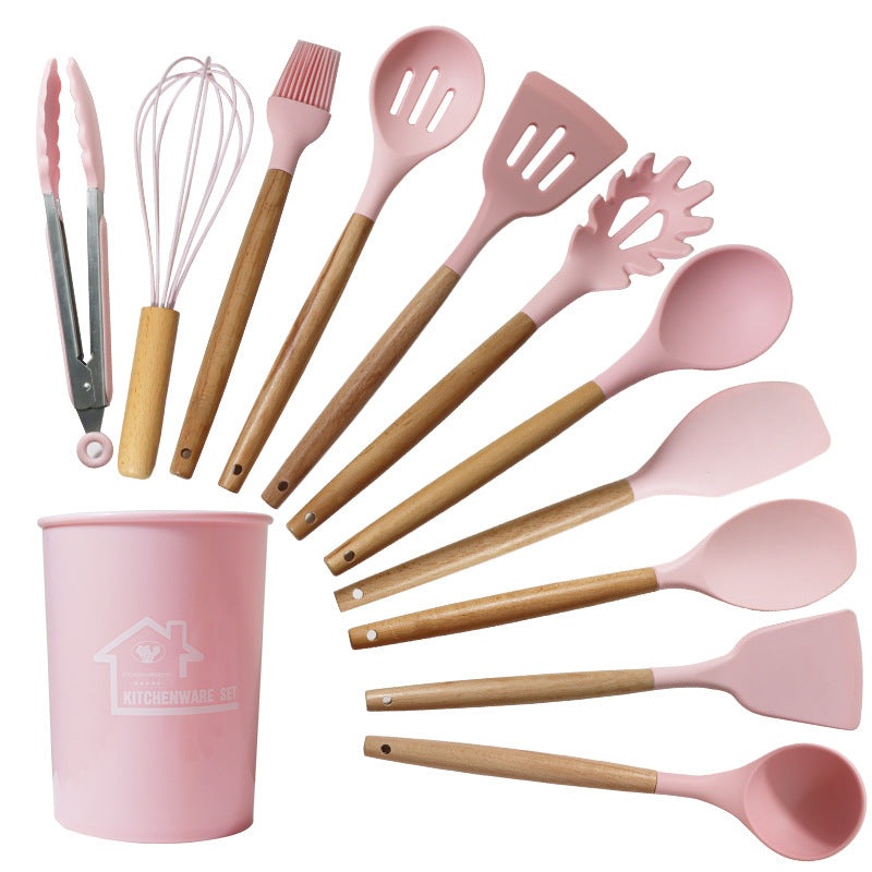 Pink 11-Piece Silicone Kitchen Utensil Set with Wooden Handles and Storage Bucket – Heat Resistant and Non-Stick