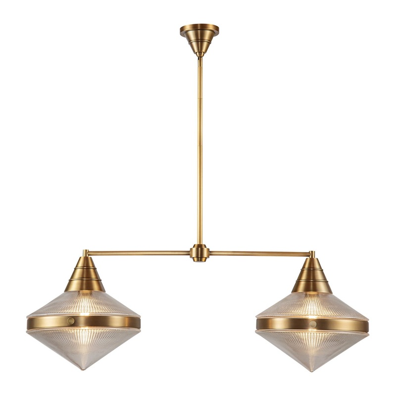 Two Light Linear Pendant from the Willard Collection in Vintage Brass/Clear Prismatic Glass Finish by Alora