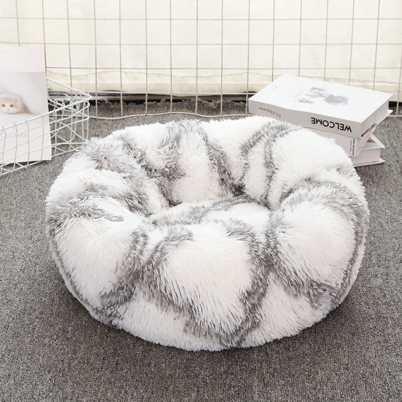 Grey-white 50cm Cozy Round Pet Bed – Plush Cat & Dog Bed with Non-Slip Base, Machine Washable
