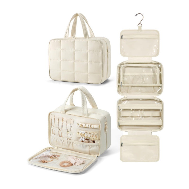Size M Beige Quilted Hanging Toiletry Bag with Jewelry Organizer – Travel Cosmetic Case(28*12*20)