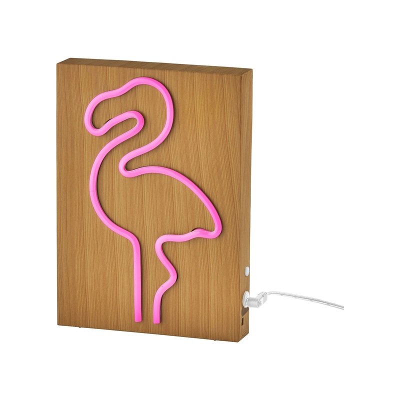 Wood Framed Neon Flamingo Table/Wall Lamp Natural Wood Grain Finish on Plastic – Water Transfer