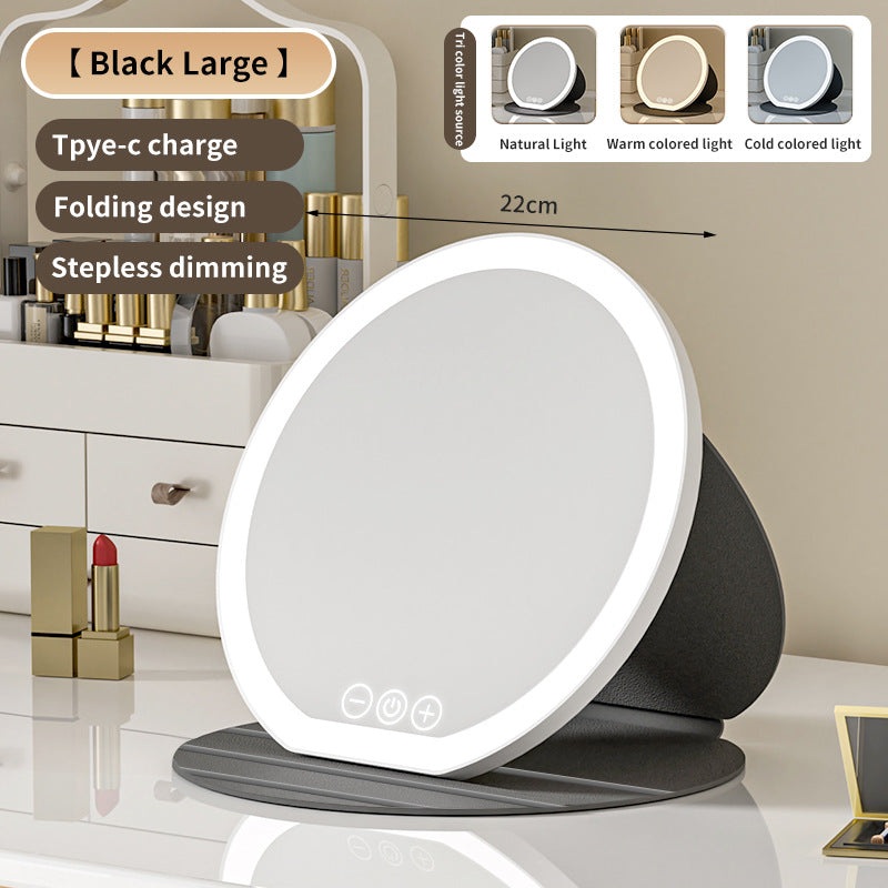 Black Large Round Foldable LED Makeup Mirror – 22cm Desktop Vanity with 3 Color Lights & Stepless Dimming