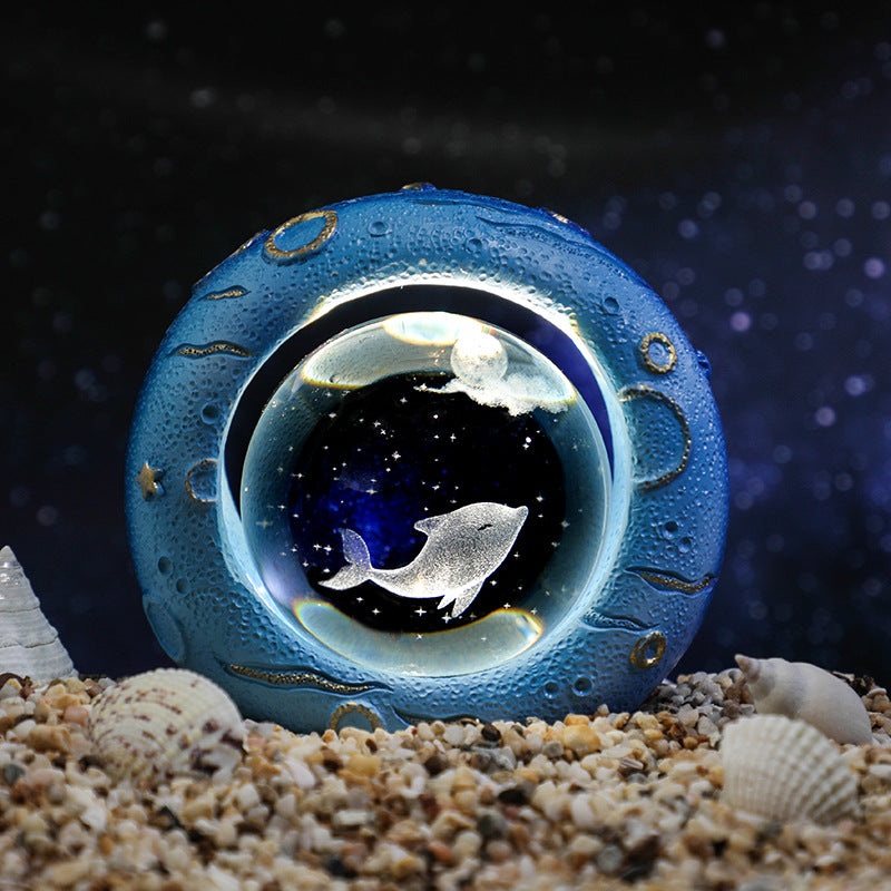 Celestial Ring LED Crystal Ball Lamp – 3D Engraving, Unique Gift (Dolphin)