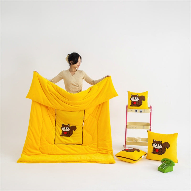 Yellow Little Squirrel – 2-in-1 Foldable Car Pillow Blanket – Cozy 40x40cm Pillow, Unfolds to 100x150cm Blanket for Travel and Office Naps