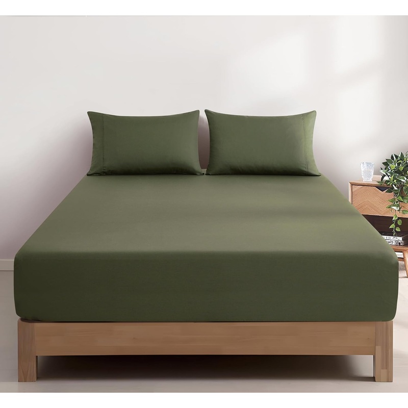100% Vintage Washed Cotton Fitted Sheet Combo Set  100% Natural Cotton, Ultra Soft & Breathable  Includes Fitted Sheet & Pillowcases  Machine Washable (Khaki Green, Single)